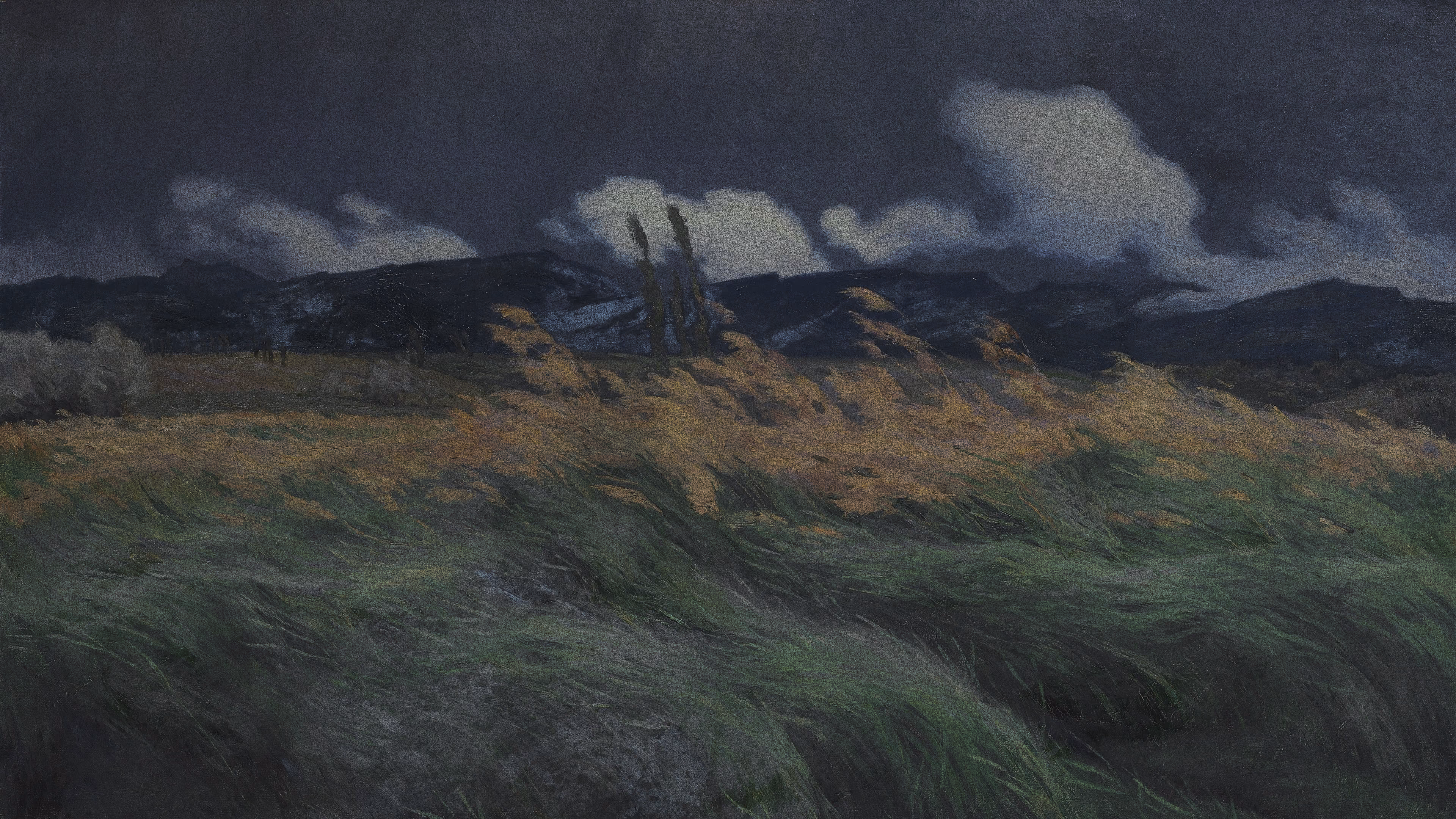 Painted landscape of windswept grass beneath dark hills and clouds.