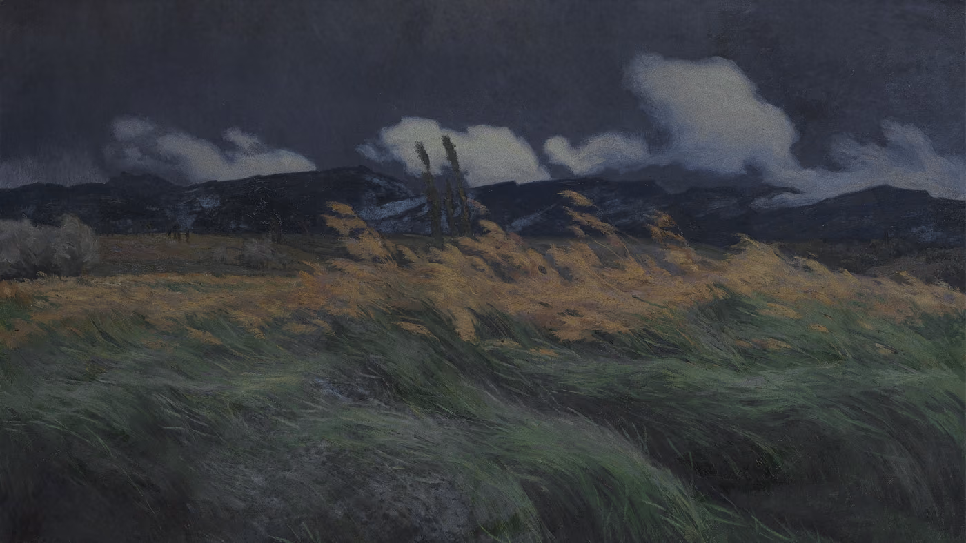 Painted landscape of windswept grass beneath dark hills and clouds.