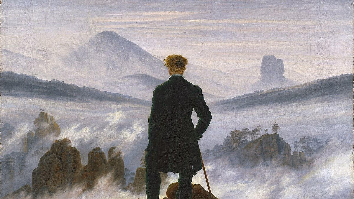 Caspar David Friedrich's Wanderer above the Sea of Fog: a lone figure on a rocky summit looking out over a sea of fog.